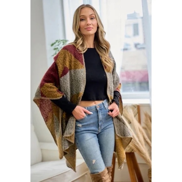 SOLD OUT Wine Multi Color Knit Shawl Open Wrap Geo Block Cardigan Sweater - Picture 3 of 8